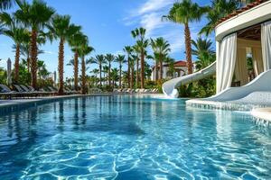Luxurious swimming pool with waterslide in tropical resort during sunny day photo