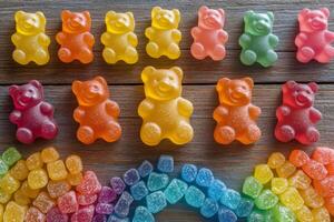 Gummy bears and colorful candies arranged on a wooden table create a sweet and playful scene photo