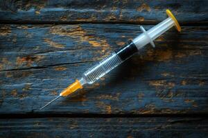 Syringe containing transparent liquid lying on a wooden surface photo