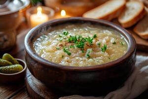 Steaming french onion soup garnished with fresh parsley in rustic bowl photo