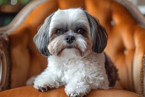Adorable shih tzu puppy resting on a vintage armchair photo