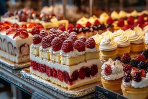 Delicious raspberry cake with whipped cream topping sitting in bakery display case photo