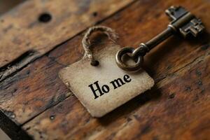 Old key with tag and word home is lying on wooden table photo