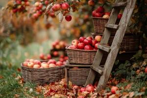 Harvesting red apples in wicker baskets under apple tree in autumn photo