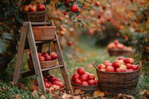 Ripe red apples filling wicker baskets in autumn orchard photo