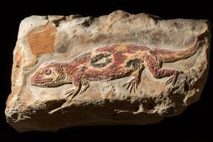Ancient reptile fossil embedded in a rock, showing vibrant colors photo