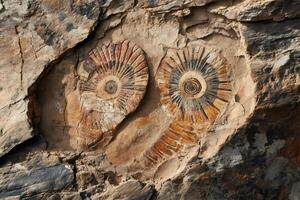 Ammonite fossils embedded in cracked sedimentary rock surface photo