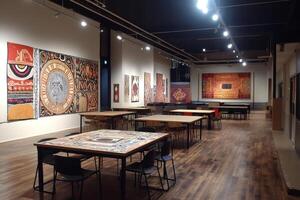 Aboriginal art exhibition in a modern gallery with wooden floor photo