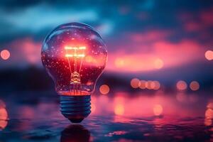 Light bulb glowing with red and orange bokeh lights in the background photo