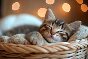 Cute kitten sleeping in basket with soft blanket and bokeh effect photo