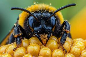Bumblebee collecting pollen on a flower covered with morning dew photo