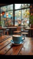 Cappuccino with latte art is sitting on a wooden table in a cafe photo