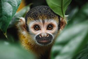 Common squirrel monkey hiding in the Amazon rainforest foliage photo