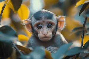 Baby monkey hiding in the leaves of a tree in the jungle photo