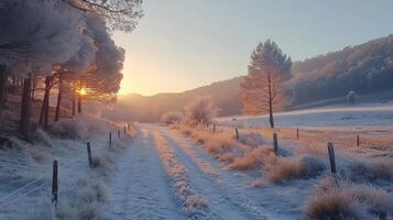 Frozen path leading through snowy fields at sunrise in winter photo