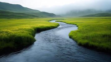 River flowing through green meadow in foggy mountains photo