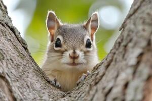 Curious squirrel peeking through tree branches photo