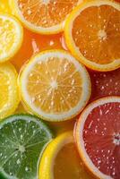 Slices of citrus fruits floating in juice creating refreshing background photo