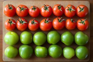 Red and green tomatoes creating a colorful pattern on wooden cutting board photo