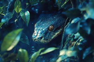 Scaly Predator Lurking in Lush Foliage, Emerald Tree Boa Hiding in Jungle Leaves photo