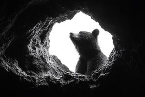 Curious brown bear looking out of its dark cave photo