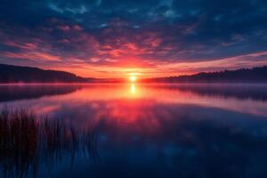 Majestic sunrise illuminating serene lake with vibrant colors and misty atmosphere photo