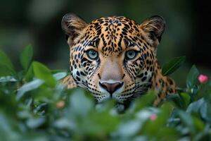 Leopard hiding in the jungle looking intensely through the vegetation photo