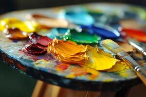 Oil paints and brushes are lying on the palette, creating a colorful artwork photo