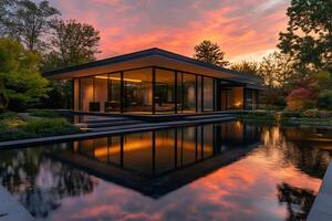 Modern house reflecting in pond at sunset with orange sky photo