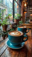 Two cups of latte coffee resting on a wooden table near a window in a cozy cafe photo