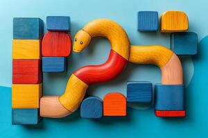 Wooden snake toy slithering between colorful building blocks on light blue background photo