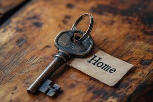 Old key with home tag lying on wooden table is representing sweet home photo