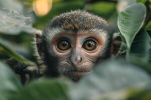 Baby monkey hiding in the jungle is observing with its beautiful eyes photo