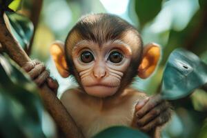 Baby monkey holding a branch and looking around in the jungle photo