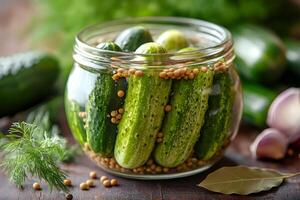 Glass jar full of pickled cucumbers and mustard seeds preserving food for winter photo