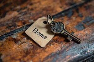 Old key with home tag is lying on wooden table photo