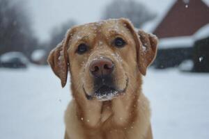 Labrador retriever enjoying snowfall in winter landscape photo