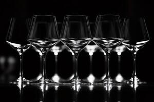 Row of empty wine glasses reflecting light on dark background photo
