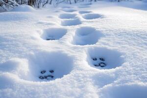 Cat paw prints creating a trail in fresh snow photo