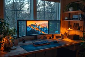 Cozy home office setup with multiple monitors displaying code and mountain landscape photo