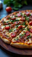 Delicious pizza with pepperoni, ham, mozzarella, tomatoes and basil resting on wooden board photo