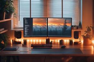 Modern home office setup featuring dual monitors displaying code and mountain landscape photo