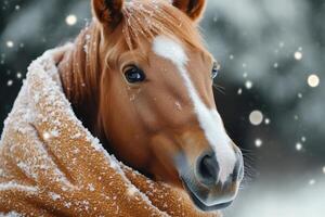 Brown horse wearing warm blanket during snowfall in winter photo