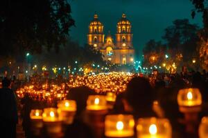 Pilgrims walking at night holding candles in front of the Cathedral of Salta during a procession photo