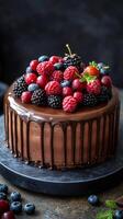 Delicious chocolate cake dripping with ganache and topped with mixed berries photo