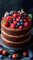 Delicious three-layer chocolate cake with chocolate frosting, decorated with fresh berries photo