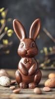 Chocolate easter bunny standing on rustic wooden table with easter eggs and spring branches photo