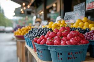 Fresh strawberries, blueberries, grapes and lemons displayed in baskets at a farmers market photo