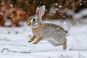 Eastern Cottontail rabbit leaping through snowy field during snowfall photo