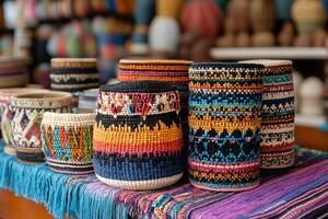 Colorful handmade baskets showing traditional patterns are displayed on a table photo